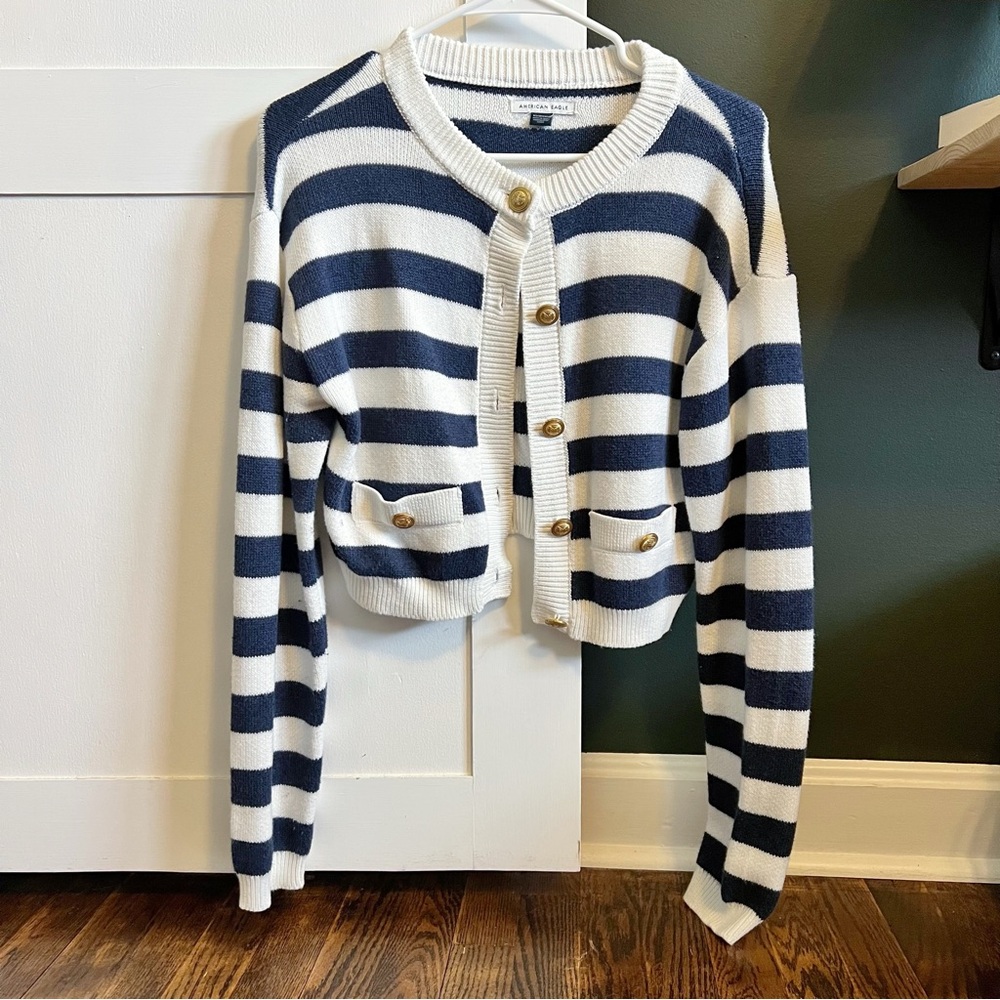 American Eagle Outfitters Navy and White Striped Cardigan with Gold Buttons